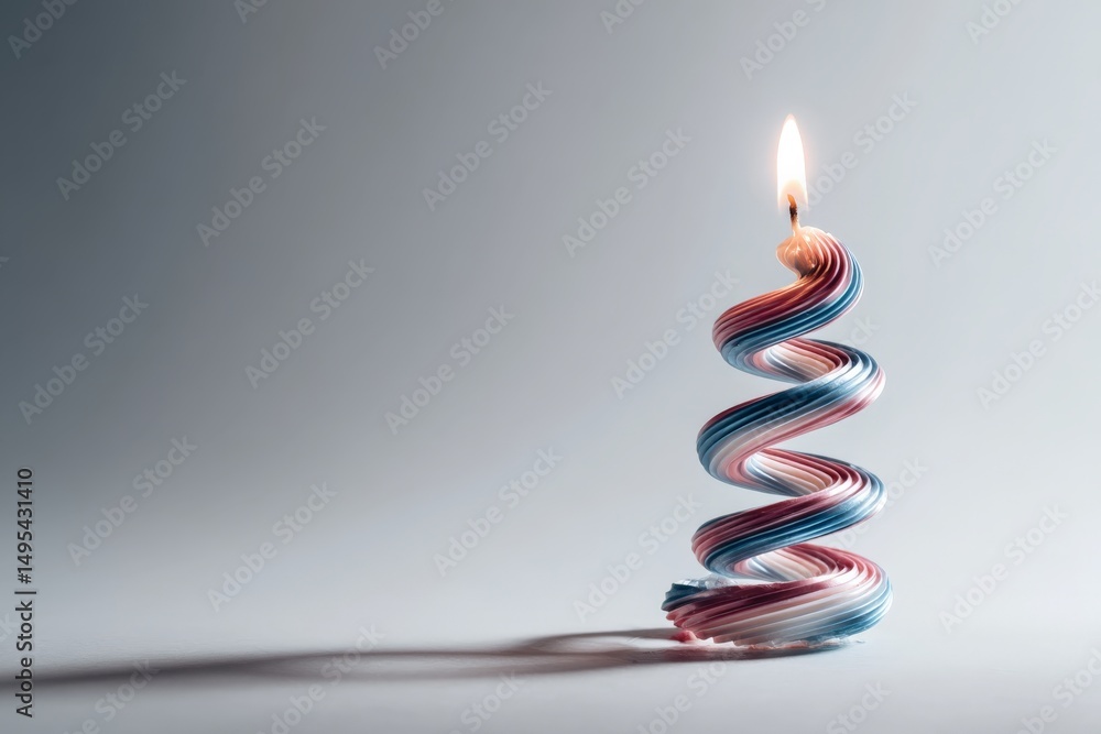Aufkleber Colorful spiral birthday candle burning on a plain background with soft shadows creating an inviting atmosphere