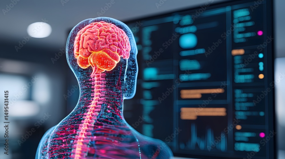 Poster a transparent human figure shows the brain and spinal cord while analyzing neurological data on a di