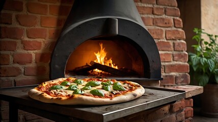 Classic Photo of Freshly Baked Pizza with Golden-Brown Crust, Mozzarella, Tomato Sauce, and Basil, in Front of Traditional Wood-Fired Oven"