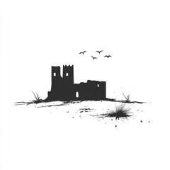 Silhouetted ruin castle on desert landscape, artistic illustration for poster or print