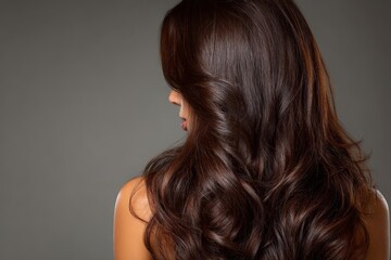 Fototapeta premium Long, wavy brown hair cascading over the shoulder against a neutral background showcasing natural beauty and elegance