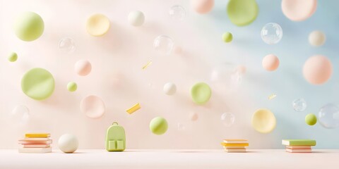 Pastel floating spheres with books and backpack in abstract background