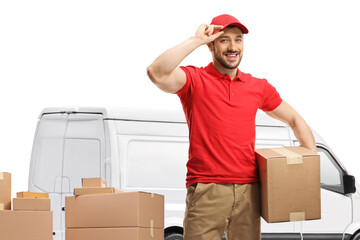 Delivery man with a van holding a cardboard box and greeting