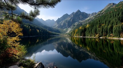 Tranquil mountain lake reflection tatra mountains nature photography serene environment scenic view peaceful landscape © Chaithat