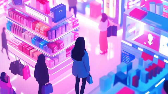 2d animation of retail sector digital transformation using IoT shelves self checkout kiosks data driven personalization