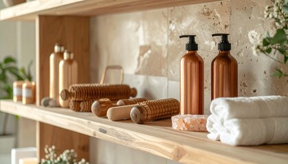 Aesthetic bathroom scene with wooden shelves and spa accessories creating serene atmosphere