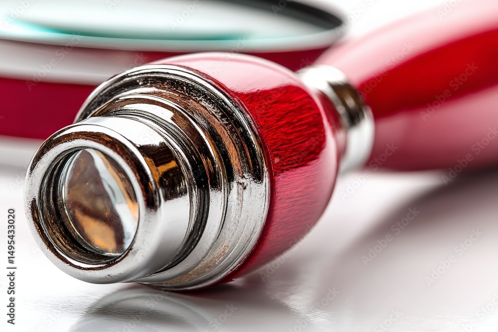 Aufkleber Elegant red magnifying glass resting on a polished surface with reflective properties in a bright environment