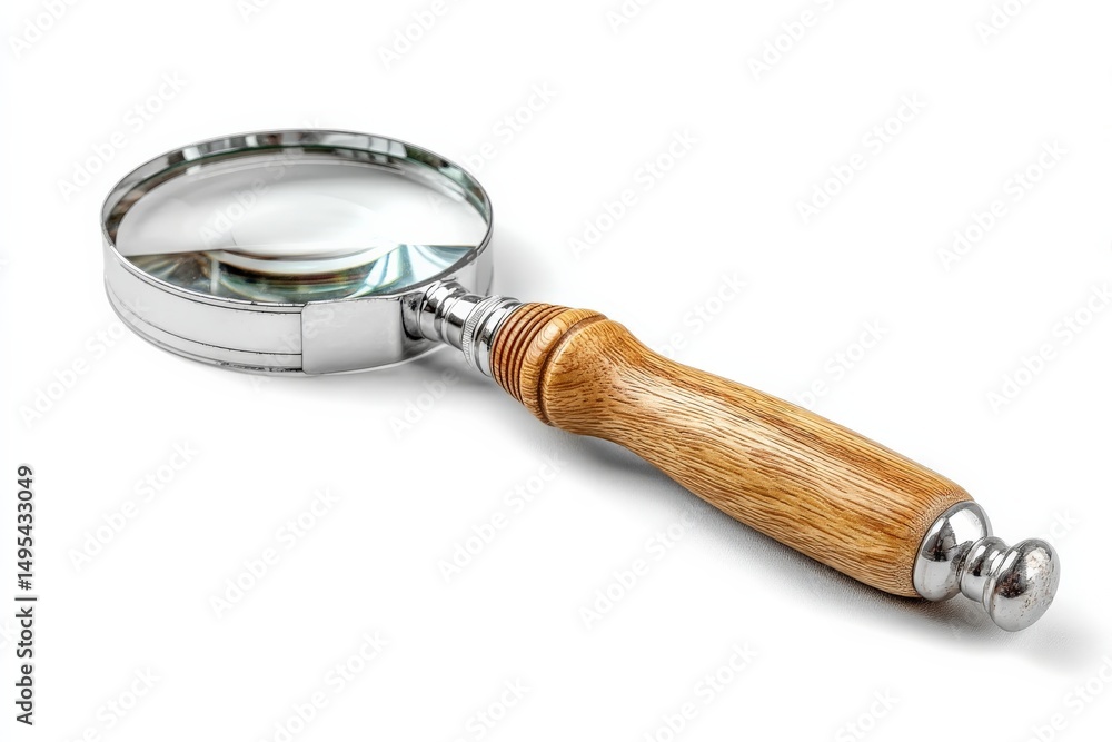 Aufkleber Magnifying glass with wooden handle placed on a white background for detailed examination of objects