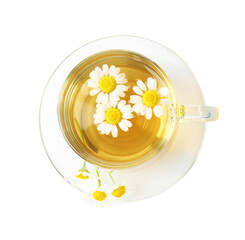 Delicious chamomile tea in glass cup and fresh flowers isolated on white, top view