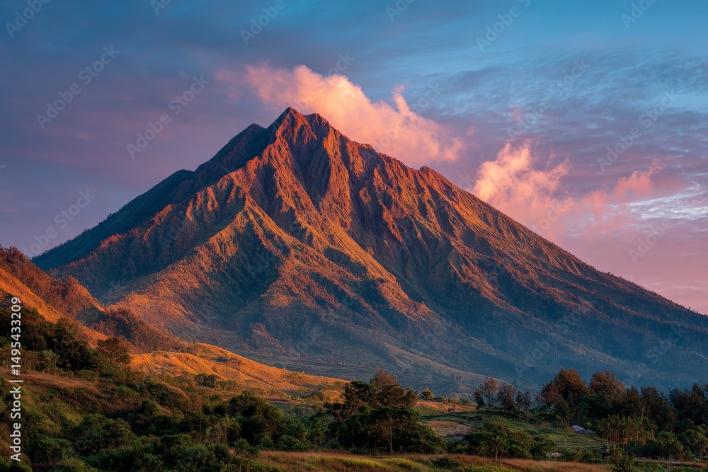 Poster majestic view of mount merapi during sunset with colorful clouds over the serene landscape