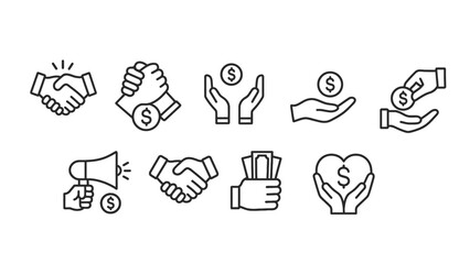 Business & Promotion Icon Set – Thin line vector illustrations representing advertising, sponsorship, partnership, e-commerce, funding, and digital outreach. Great for marketing tools, apps, and corpo