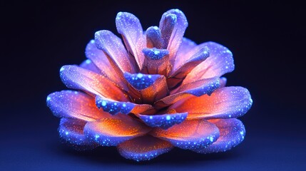 A pine cone dipped in glow-in-the-dark paint, captured under UV light for a surreal, futuristic holiday decoration concept. Vibrant and unique.