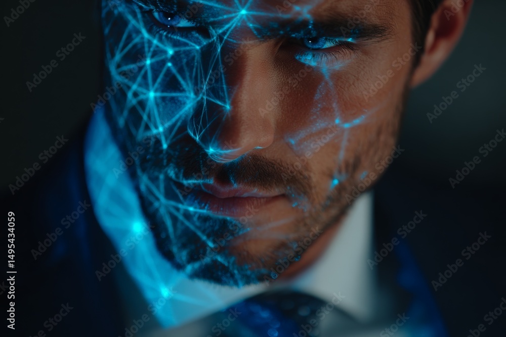 Aufkleber Man in suit with digital network projection on his face in modern office setting