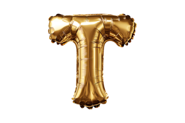 English Letter T made with gold foil balloon isolated on transparent background.