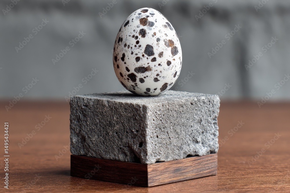 Poster Unique speckled egg resting on a textured stone base in a simple indoor setting with soft lighting