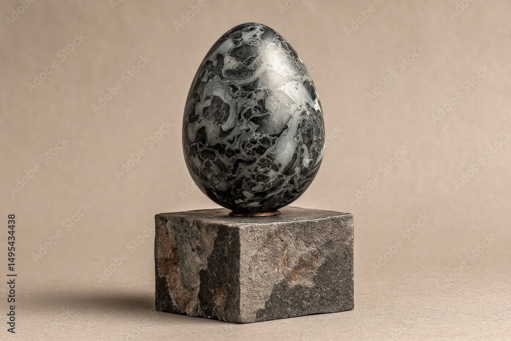 Poster beautifully crafted black and white marbled stone egg displayed on a square stone base in a minimali