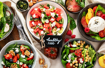 Different kinds of summer salads. Healthy lifestyle.
