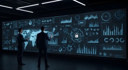 Gerente de Proyecto e Ingeniero en Informática conversan mientras usan una pantalla grande y una laptop, mostrando datos infográficos de infraestructura. Sala de Control y Monitoreo de Sistemas de una