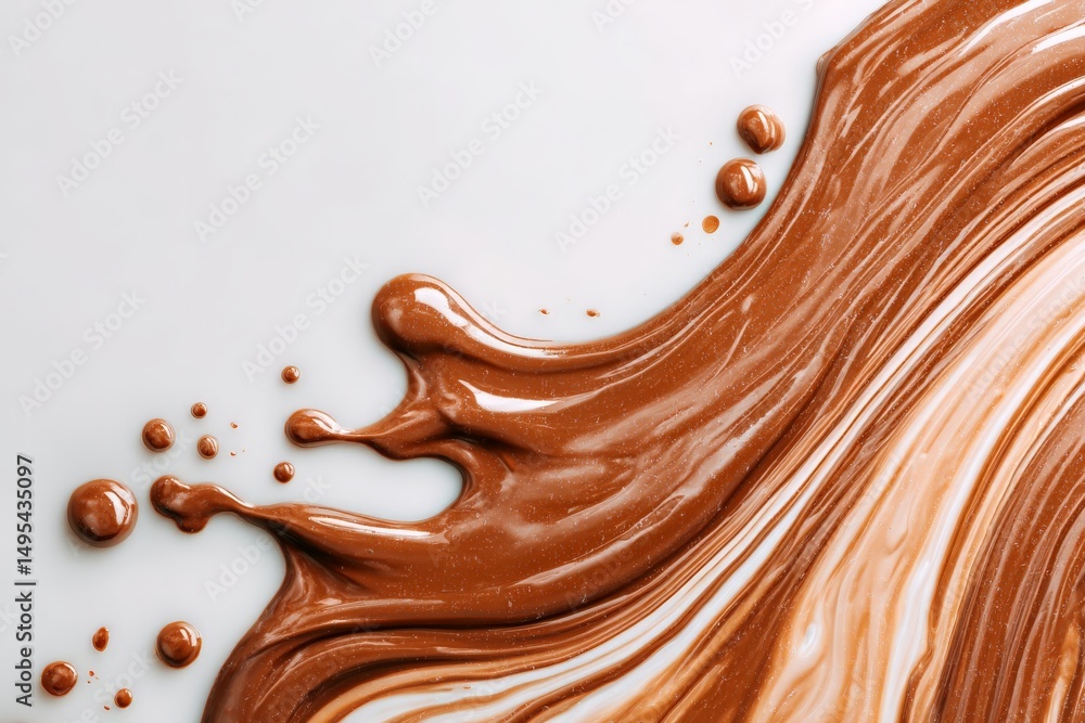 Poster rich chocolate sauce spreads elegantly into a creamy surface with swirling patterns and droplets dur