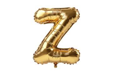 English Letter Z made with gold foil balloon isolated on transparent background.