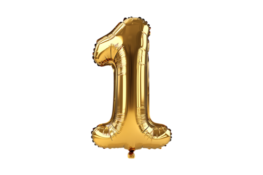 English number 1 made with gold foil balloon isolated on transparent background