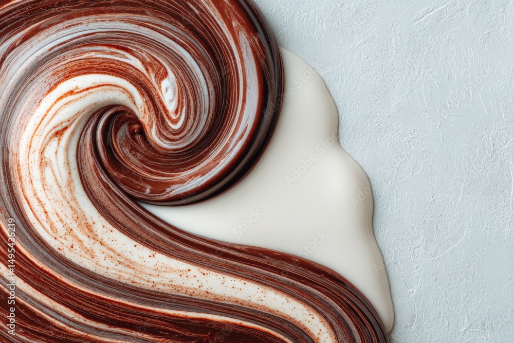 Poster swirling chocolate and cream mixture showcasing smooth textures and rich colors in a culinary settin