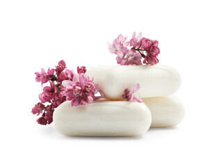 Soap bars and lilac flowers isolated white