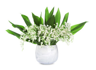 Bouquet of beautiful lily of the valley flowers isolated on white