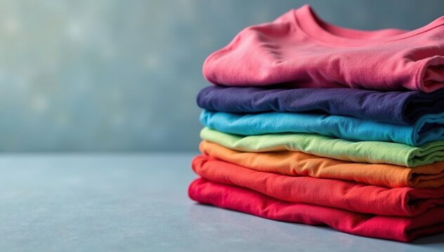 Stack of various color t-shirt blanks, neatly folded, polyester, vibrant