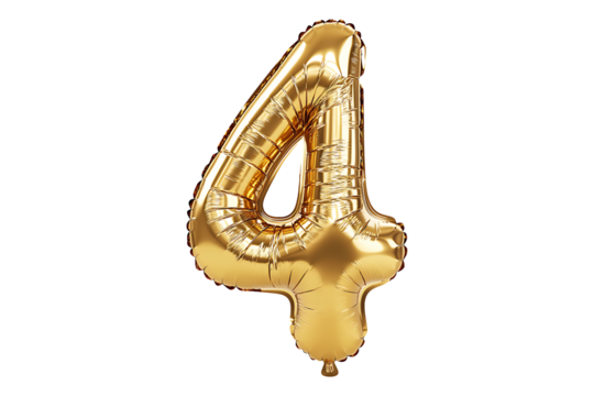English number 4 made with gold foil balloon isolated on transparent background