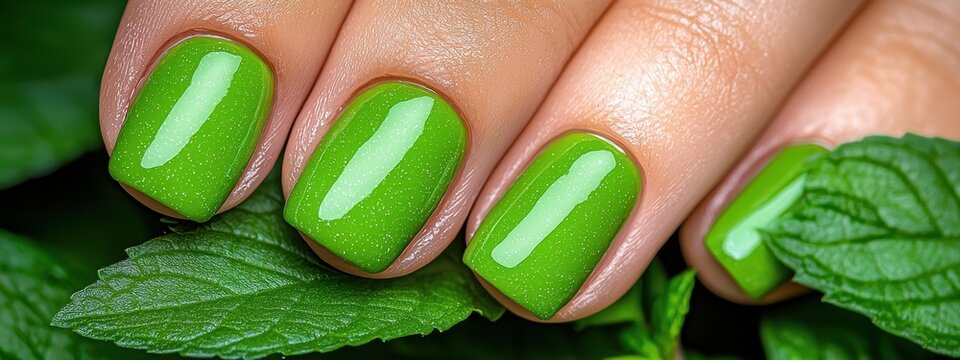 Closeup of Green Nails on Fresh Leaves