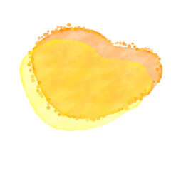 Digitally created abstract design of a yellow orange heart-like shape with shimmering textured edges and vibrant colors against a transparent background for artistic and conceptual purposes.