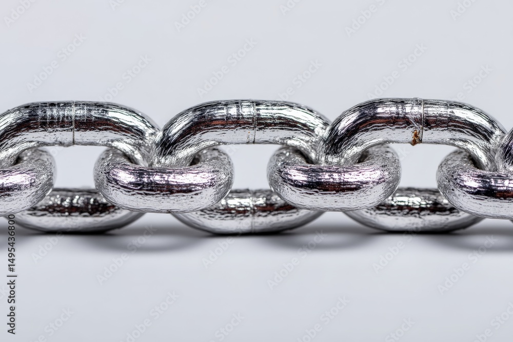 Aufkleber close-up view of shiny metallic chain links showcasing intricate detailing and texture under bright 