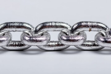 Close-up view of shiny metallic chain links showcasing intricate detailing and texture under bright light
