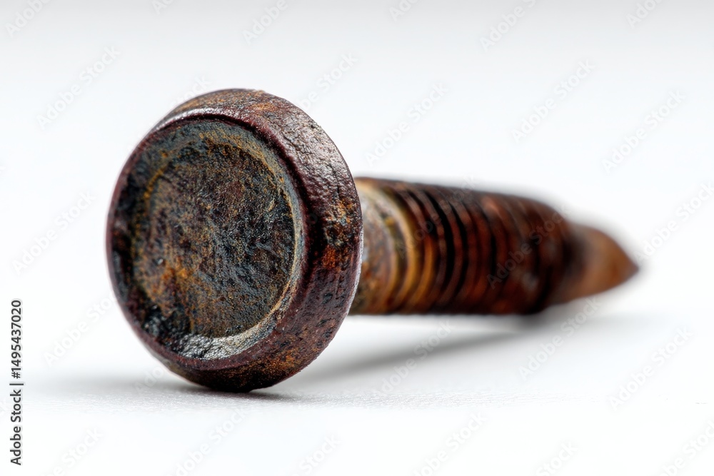 Poster rusty screw lying on a white surface showcasing corrosion and wear from exposure to the elements ove