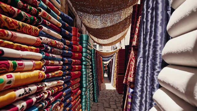Sunlight filters through a woven canopy, illuminating rows of vibrant fabric rolls stacked high in a traditional market, creating a captivating display of textures and colors