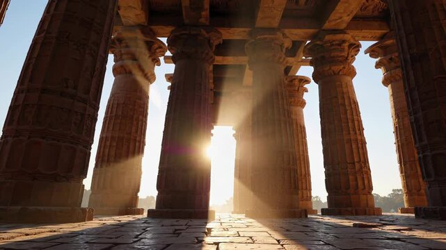 Radiant sunlight streaming across ancient stone columns of karnak temple, casting dramatic shadows and highlighting architectural grandeur of egyptian historical landmark