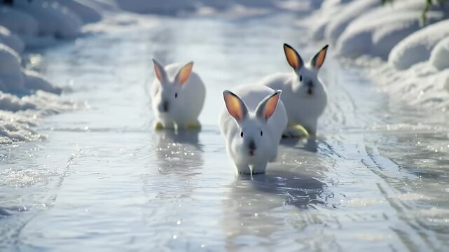 Three white rabbits in winter