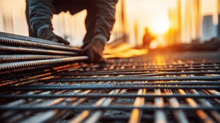 Workers handling rebar mesh at sunset, casting long shadows