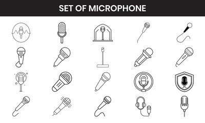 Collection of microphone icons set for music and podcast vector line art 
