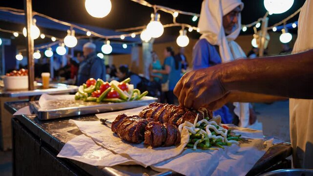 Street vendor expertly prepares kofta kebabs, garnishing them with fresh vegetables in the vibrant luxor night market under warm, inviting string lights