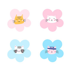 Set of kawaii cat faces in flower vector in a minimalist style. Ideal for children products, stickers, scrapbooking, and playful pet-themed designs