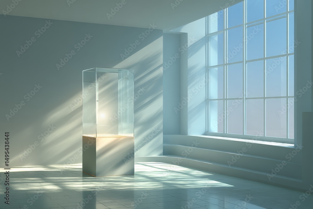 Aufkleber light beams illuminate a display case in a minimalist art gallery during midday
