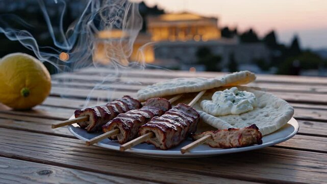 Delicious greek souvlaki, pita bread, and tzatziki sauce, served on a wooden table with lemons, smoke rising, and the acropolis of athens beautifully illuminated in the background during sunset