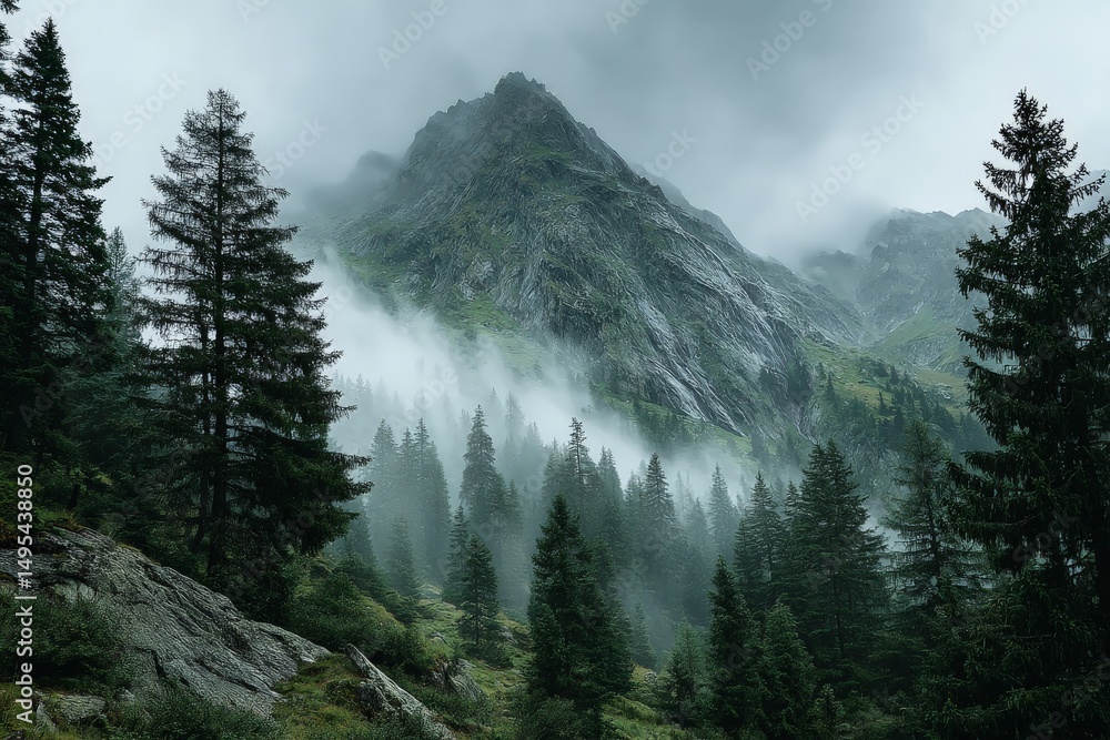 Poster majestic mountain landscape shrouded in fog with towering trees in a serene wilderness setting