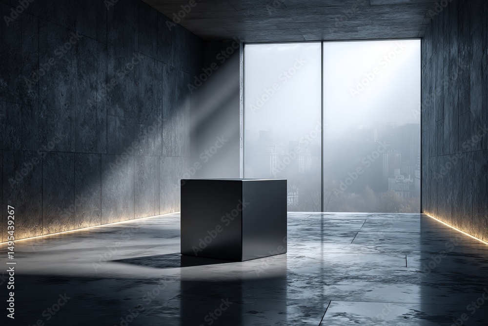 Poster mysterious black structure in modern minimalist room with natural light streaming through windows