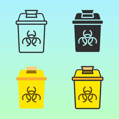 Medical biohazard waste bins in yellow and black, flat icon style. Perfect for hospital safety, waste disposal education, or health campaigns requiring sanitation visuals.