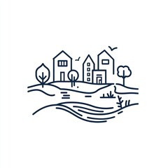 Simple village landscape illustration, rural scene, idyllic background, design element