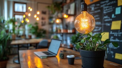 A trendy workspace with a glowing bulb and vibrant plants for inspiration