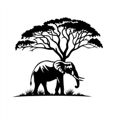 Elephant under acacia tree, savanna background, wildlife art